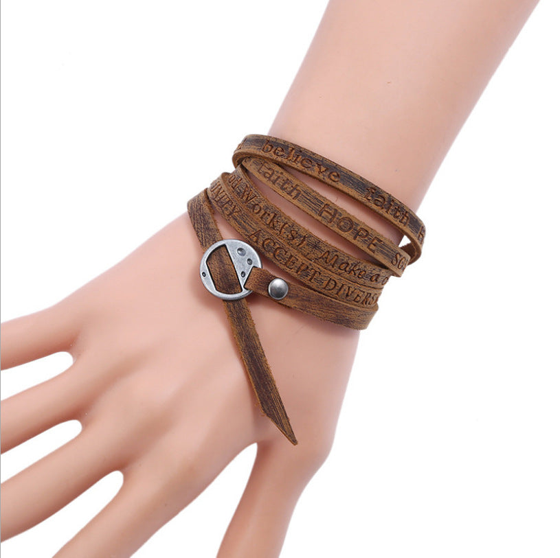 Vintage Cowhide Wrap Bracelet – Unisex Leather Alphabet Band