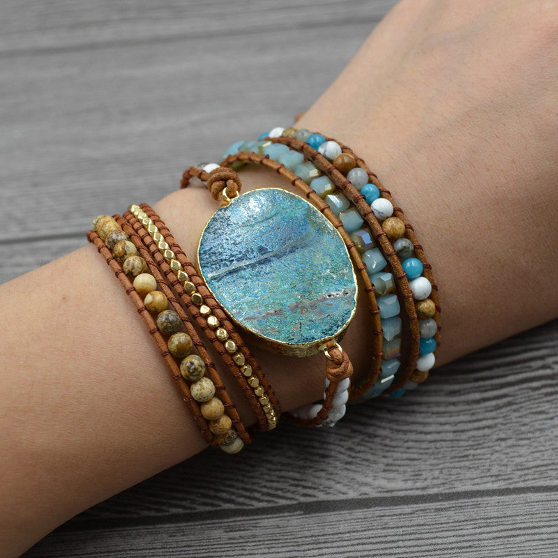 European and American style, Bohemian Handmade Beaded Bracelet with Natural Marine Stones